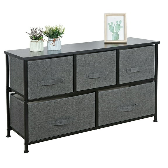 TYUIOP Extra Wide Dresser with Drawers, Fabric Storage Tower Organizer Unit with Easy Pull Handle for Bedroom, Hallway, Entryway, Closets. Dark Gray Wide (5drawer)