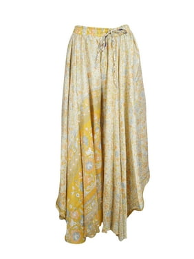 Mogul Women Yellow Maxi Skirt Wide Leg Full Flare Vintage Printed Sari Divided Uneven Gypsy Hippie Chic Long Skirts S
