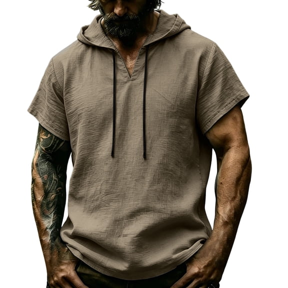 BVnarty Men's Summer Solid V Neck Short Sleeve Hooded Linen-Like Top Casual Street Vacation Daily Lightweight Fashion Tee Khaki S