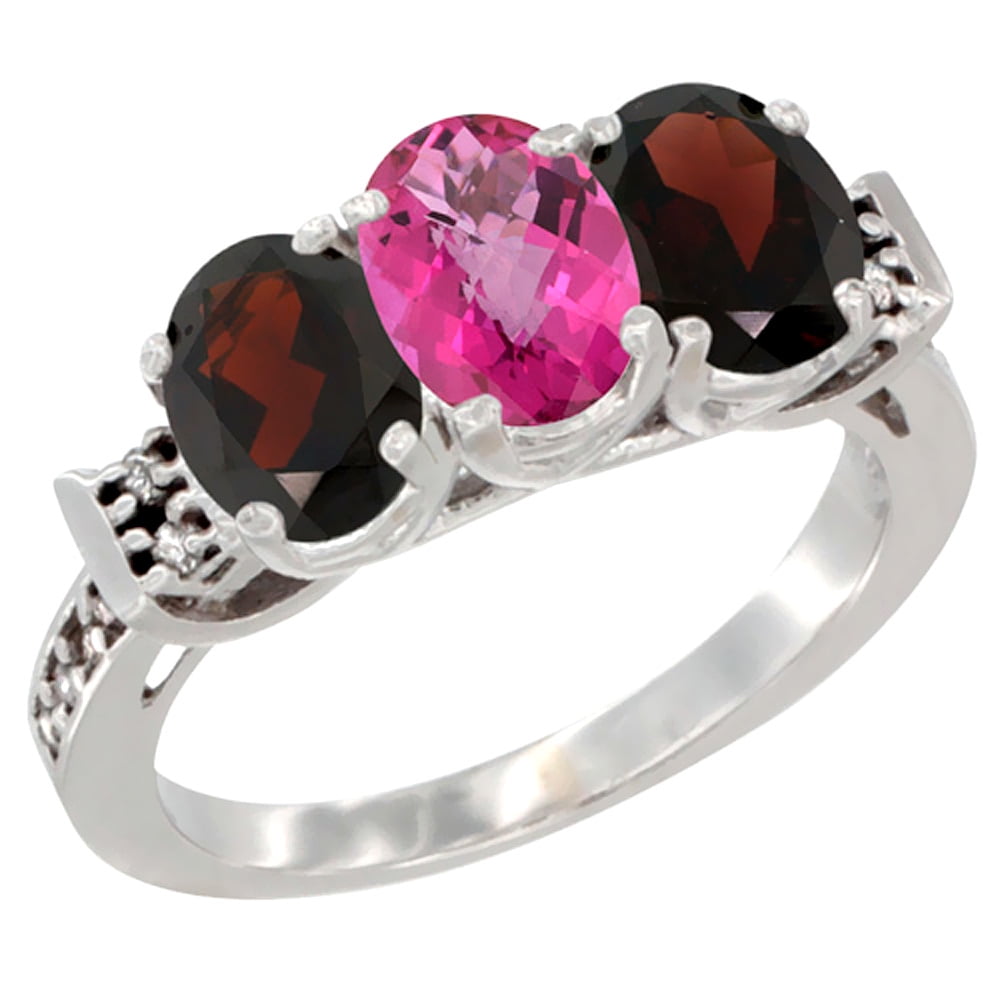 10K White Gold Natural Pink Topaz & Garnet Sides Ring 3-Stone Oval 7x5 mm Diamond Accent, sizes 5 10 by WorldJewels