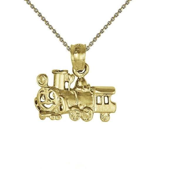 925 Sterling Silver Yellow Gold Plated 1mm Cable Chain Necklace w/ Fancy Train Locomotive Pendant Charm