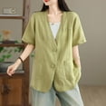 thumbnail image 5 of APEXFWDT Women's Cotton Linen Short Sleeve Cardigan Coat V Neck Button Blazer Jacket for Spring and Summer,XXL,Green, 5 of 5