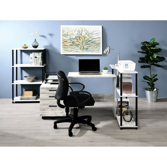 L-shaped Writing Desk In Solid Black, Rectangular With Practical Side Shelf For Organizing Office Supplies Antique White & 3 Organization