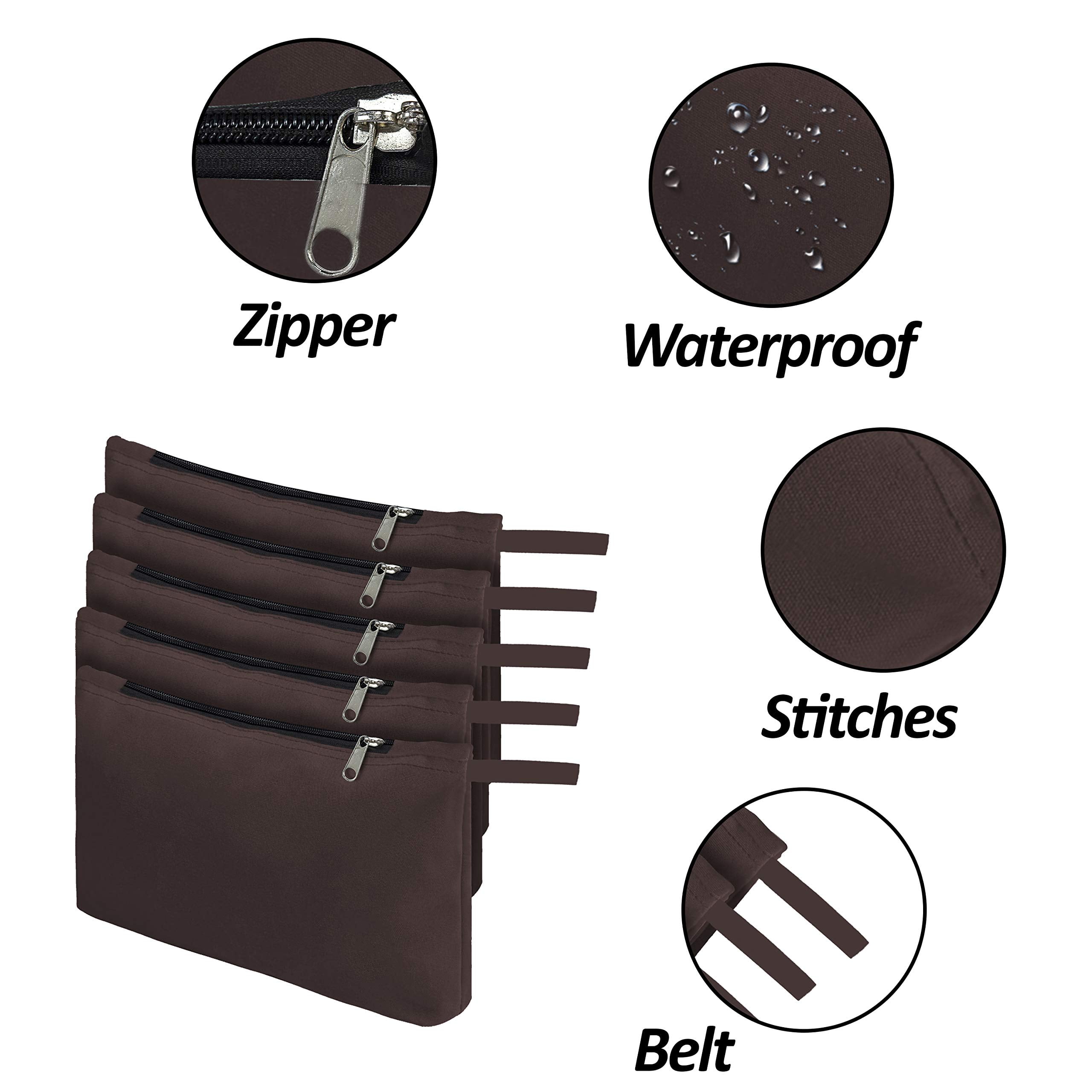 COVERS&ALL Tool Bag, 12 Oz Heavy Duty Waterproof Pouch with Sturdy Zipper, Utility Multipurpose for Tools Storage Makeup (Pack of 5, Coffee)