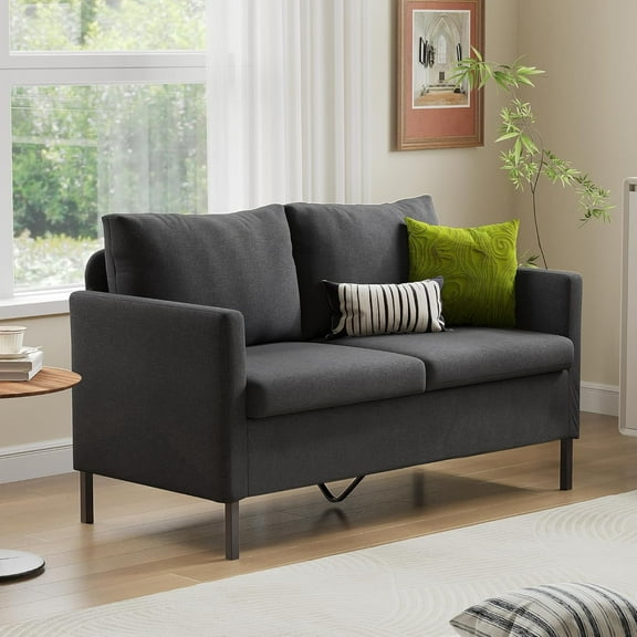 CGDYCF Linen Fabric Modern Small Loveseat Sofa Couch for Living Room, 51" W Little Upholstered 2-Seater Mini Love Seats w/Iron Legs for Small Space, Apartment, Bedroom, Dorm, Office (Dark Grey)
