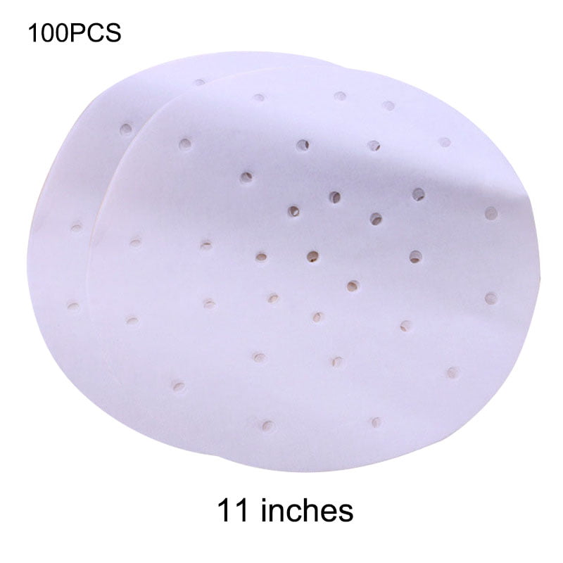 Herewegoo 100Pcs Perforated Parchment Round Bamboo Steamer Paper Liners Disposable Suitable for Cooking Steaming Basket Air Fryer Dim Sum