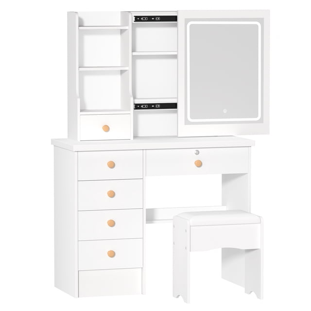 Trayknick Vanity Table with Adjustable 3 Color Brightness Adjustment Sliding Lighted Mirror, Dressing Table Set with 6 Drawers And Multi Hidden Storage Shelves with Cushioned Stool (White)