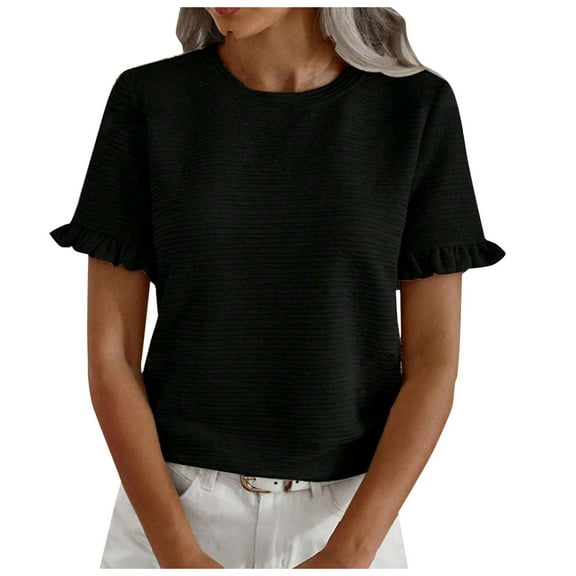 Tfken Summer Women Tshirts Short Sleeve Solid Color Crew Neck Ruffles Tops Trendy Daily Wear Female Soft Shirts Black