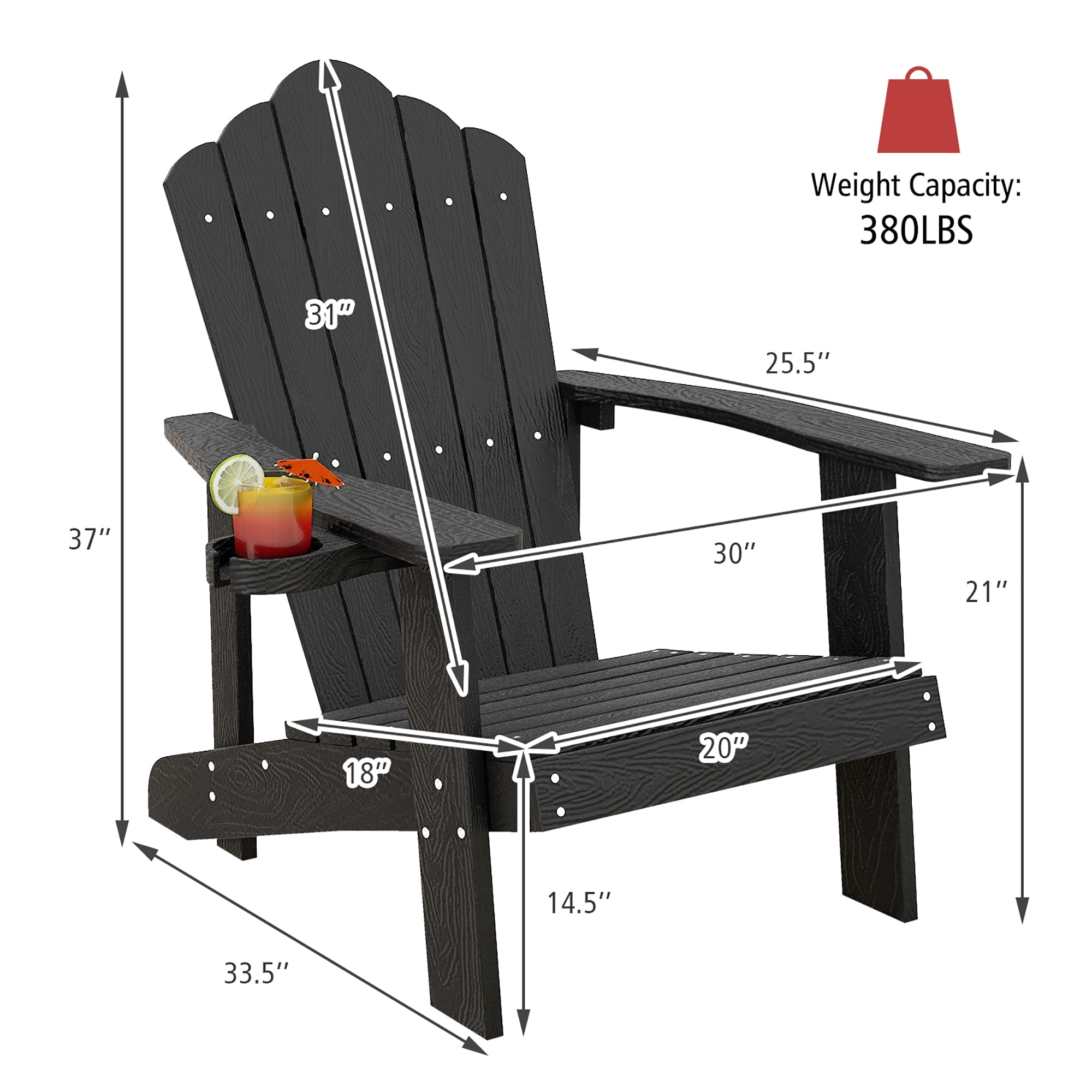 Gymax Patio HIPS Outdoor Weather Resistant Slatted Chair Adirondack Chair w/ Cup Holder Black