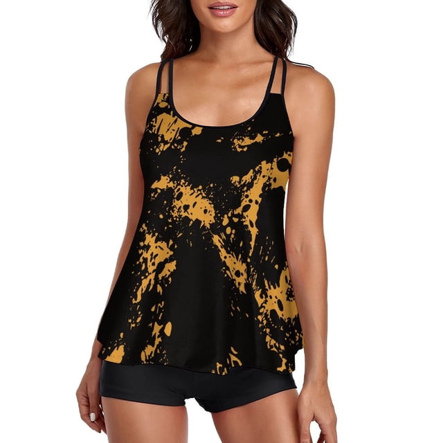 xiaxaixu Women's Swim Wear Outfits, Pattern Printed/Gradient Color Backless Sling Tops + Elastic Solid Color Shorts Set