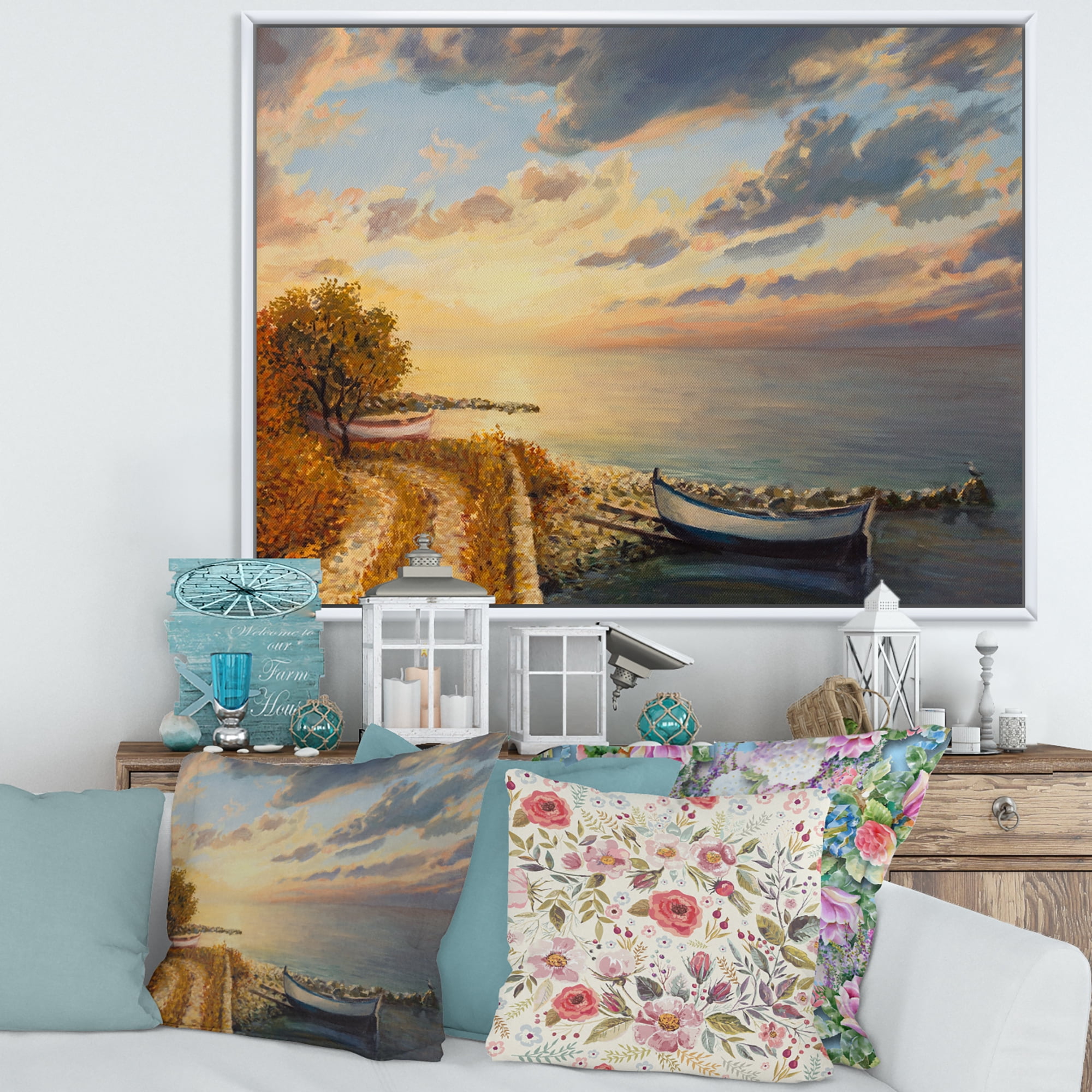 Romantic Morning By The Sea 20 in x 12 in Framed Painting Canvas Art Print, by Designart