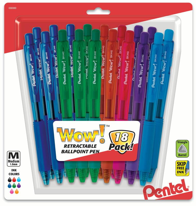 Pentel Wow! Ballpoint Pen 1.0mm Medium Line NEW Ink, Asst Colors 18PK
