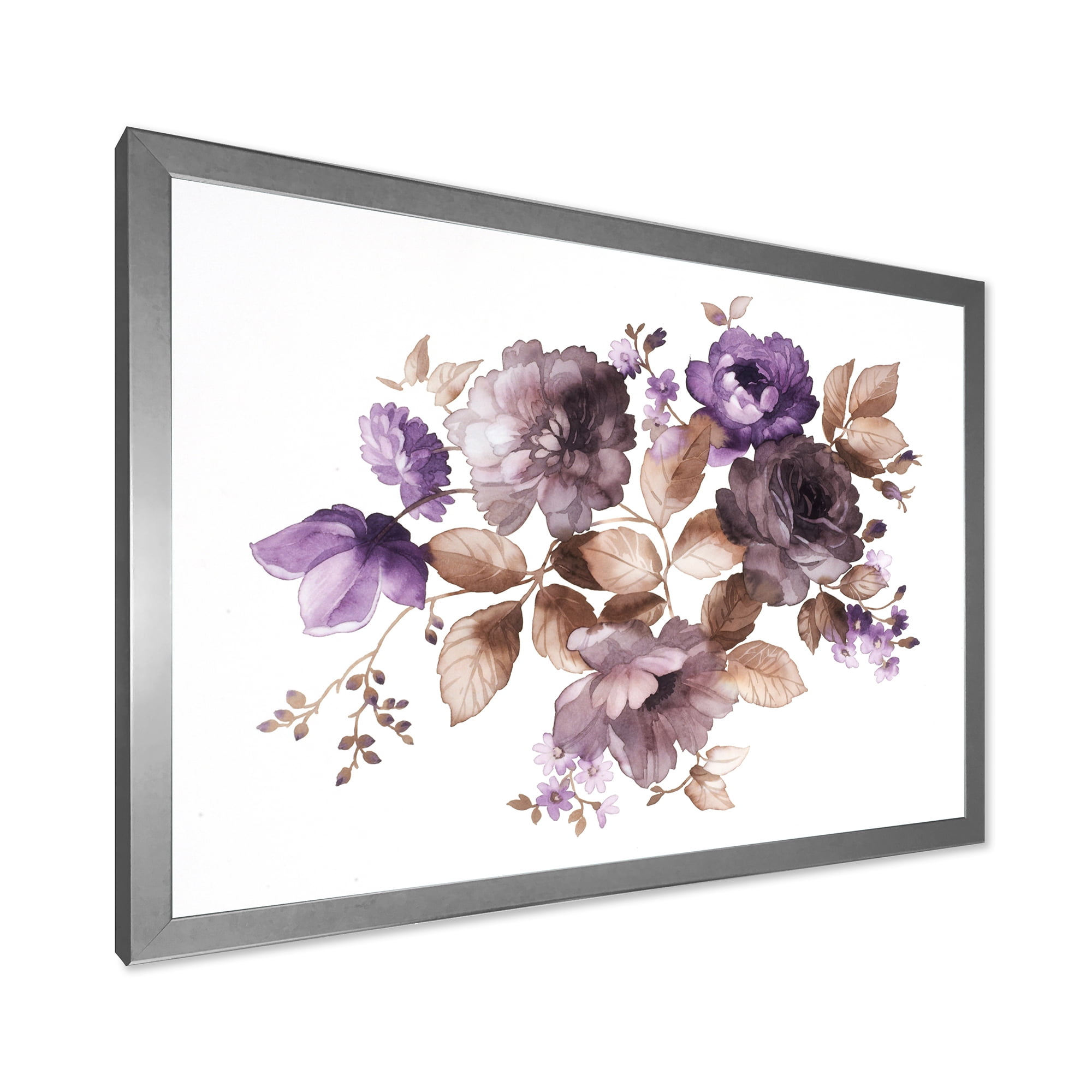 Designart 'Purple Retro Flowers With Brown Leaves On White' Traditional Framed Art Print