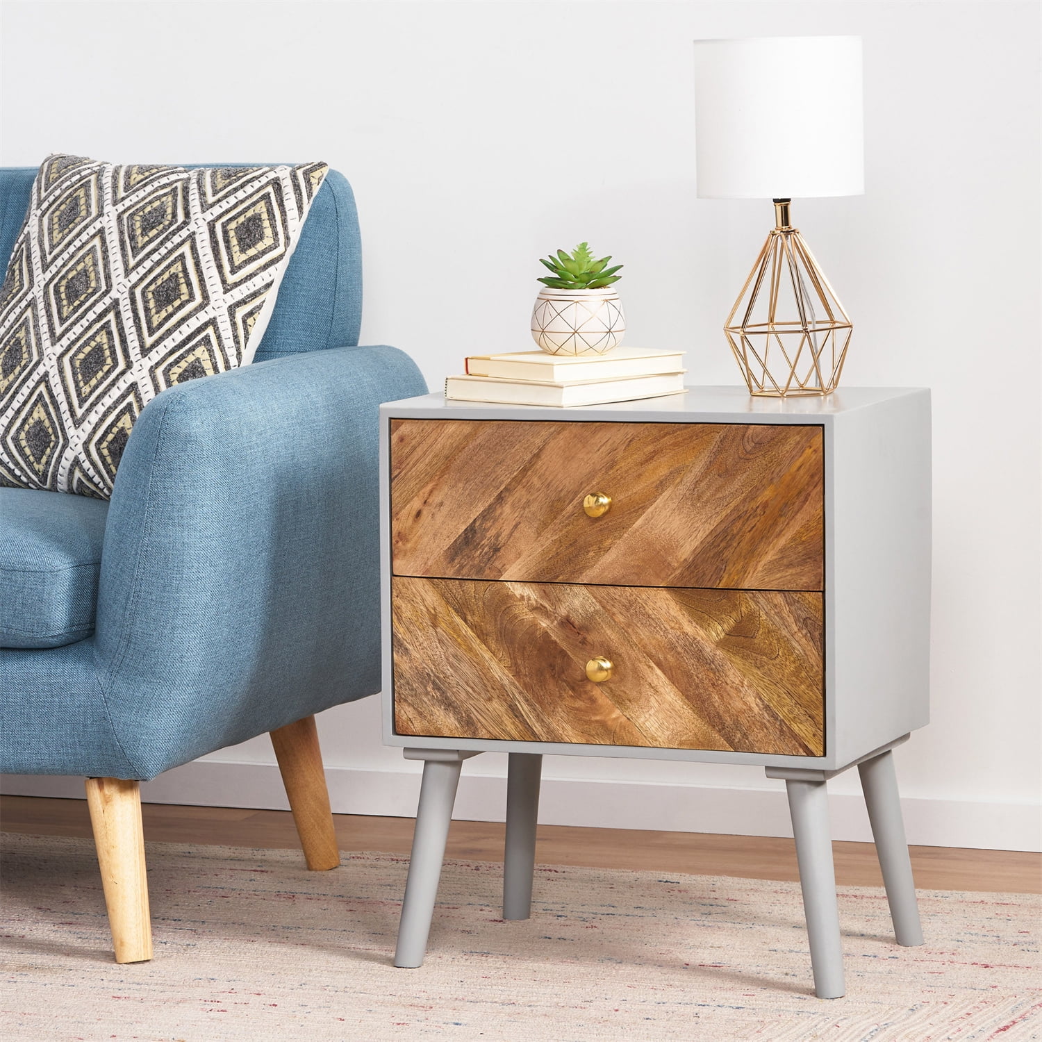 Kepooman Nightstand, Wood Side Table with 2 Drawer, Accent Table with Storage for Bedroom, Living Room, Natural & Grey Kepooman Nightstand, Wood Side Table with 2 Drawer, Accent Table with Storage for Bedroom, Living Room, Natural & Grey