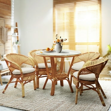 5-Pcs Pelangi Rattan Wicker Dining Set of Round Table with Glass Top and 4 Arm Chairs, Colonial Color