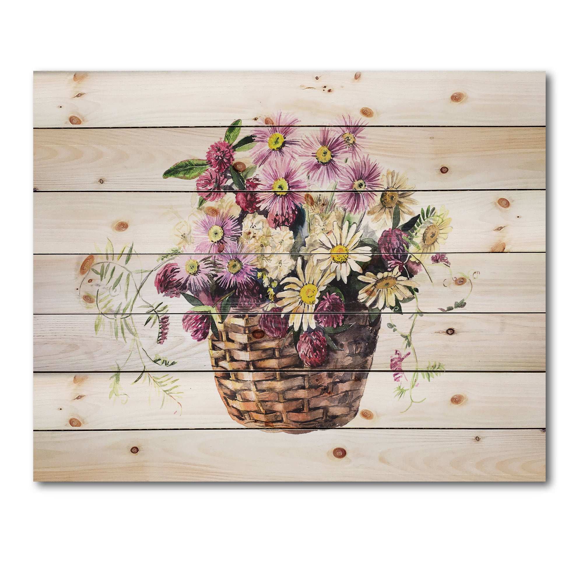 Designart 'The Basket Bouquet From Meadow Flowers' Traditional Print on Natural Pine Wood