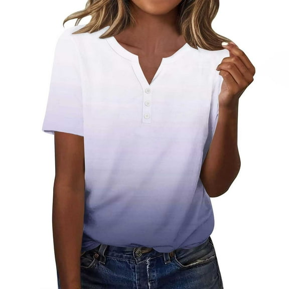 Women's Summer Tops Casual V-neck T-shirts Fashion Gradient Printed Shirts Loose Summer Short Sleeve Blouses Pullover Top 01#Multicolor XXL