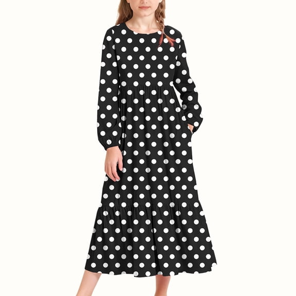 JUSLIO Dresses for Girls Polka Dot Dresses with Pockets Crew Neck Long Sleeve Casual Dress Size 4-5Y