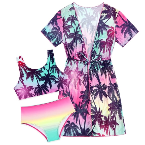 Aideaone Girls Bikini Swimsuits Set for Girls 3 Piece Skirt Bathing Suits Swim Dress Hawaiian Beach Swimwear with Kimono Cover Up