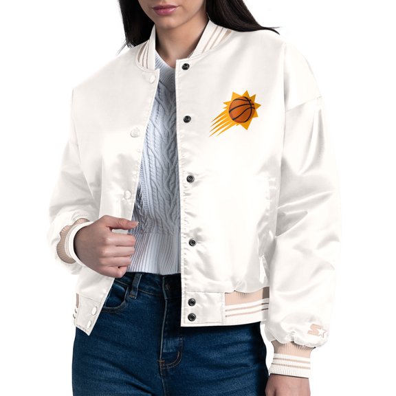 Women's Starter Cream Phoenix Suns Printed Logo Cropped Satin Varsity Full-Snap Jacket