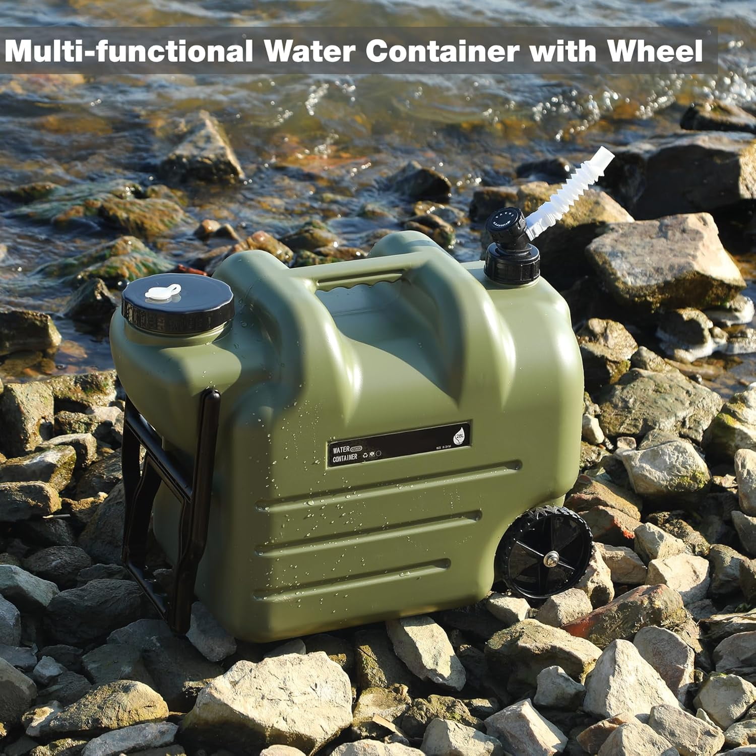 REDCAMP 7.4 Gallon Water Container with Wheels & Folding Handle, Portable Emergency Water Storage Tank with Spigot, BPA Free Water Jug for Camping Outdoor Hiking (28L, Green)