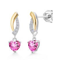 Gem Stone King 925 Silver and 10K Yellow Gold Pink Mystic Topaz and White Lab Grown Diamond Dangle Earrings for Women | 1.27 Cttw | Gemstone November Birthstone | Heart Shape 5MM