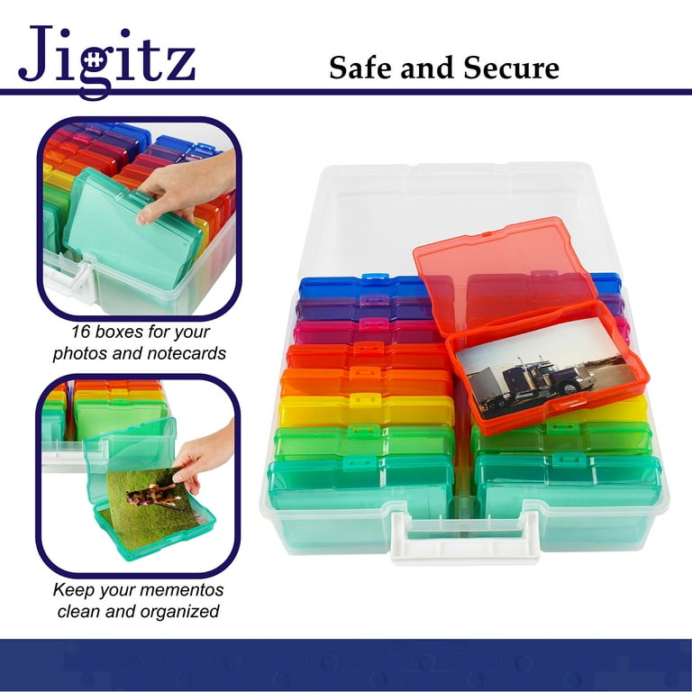 Jigitz 4x6 Photo Storage Box with Carrier - Clear Compartment Photo  Organizer