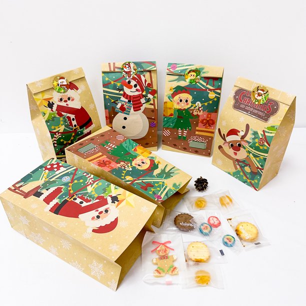 OurWarm 12pcs Christmas Candy Bags with Stickers Kraft Paper Bags Deer Snowman 2023 Xmas Party Gift Bag Cookie Present Bag