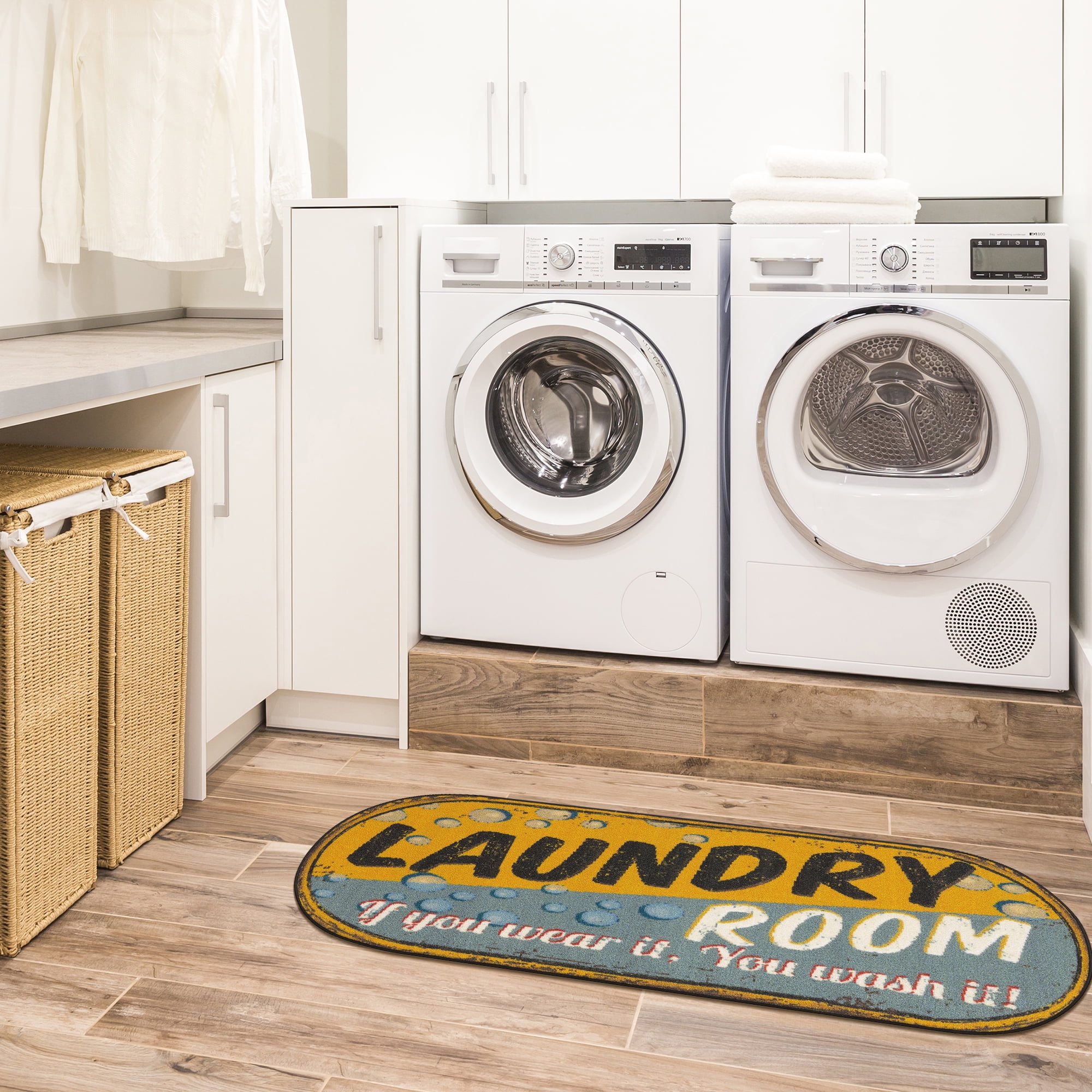 Ottomanson Non-Slip Rubberback Text 2x5 Laundry Room Runner Rug, 20" x 59" Oval, Yellow/Gray