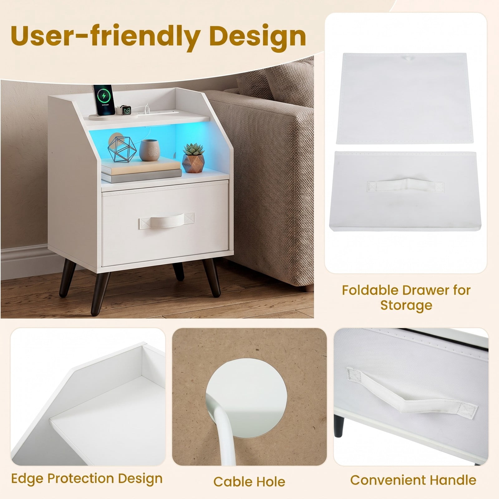 Furnibear Nightstand with LED Light and Charging Station and Fabric Drawer for Bedside Storage in the Bedroom and Living Room, White