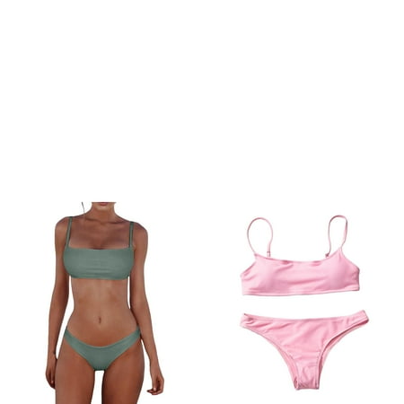 Wijhcboe 2 Pack Women Bikini Car Wash Bandeau Bandage Two Piece Long Sleeve Bikini Swimsuit Sexy Bikini Halter Bikini Top Set Push Up Brazilian High Waist Bikini Bottoms Swimwear Beachwear Ruffle Bi