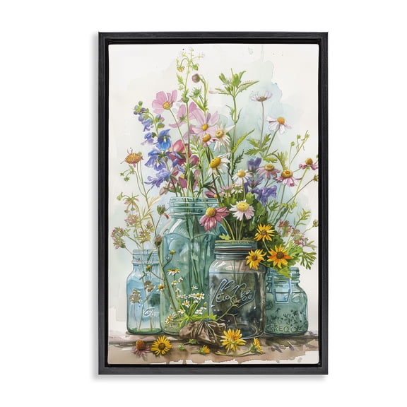 Stupell Industries Eclectic Bright Garden Blooms Jars Black Floating Frame Canvas Art, 17 x 25, by Franklyn Gregory