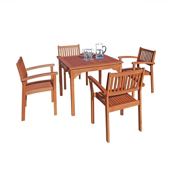 Malibu Outdoor 5 Piece Wood Patio Dining Set With Stacking Chairs