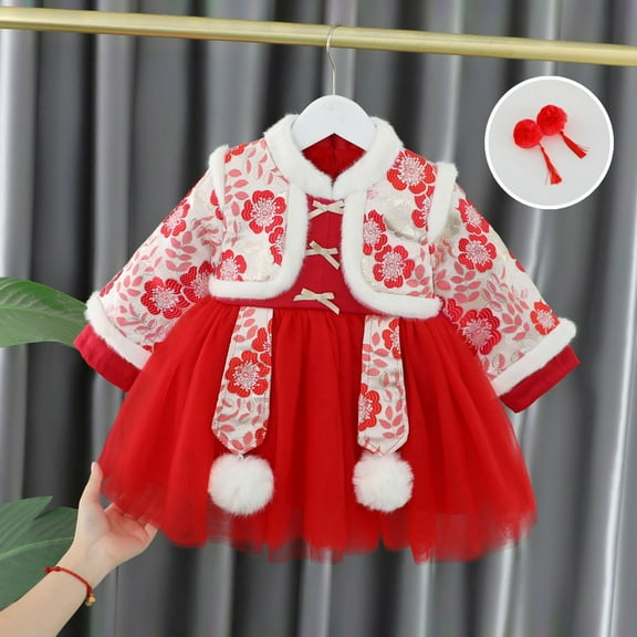 FAMTKT Toddler Kids Girls Cute Warm Embroidery New Year Long Sleeved Embroidery Skirt Dress Set