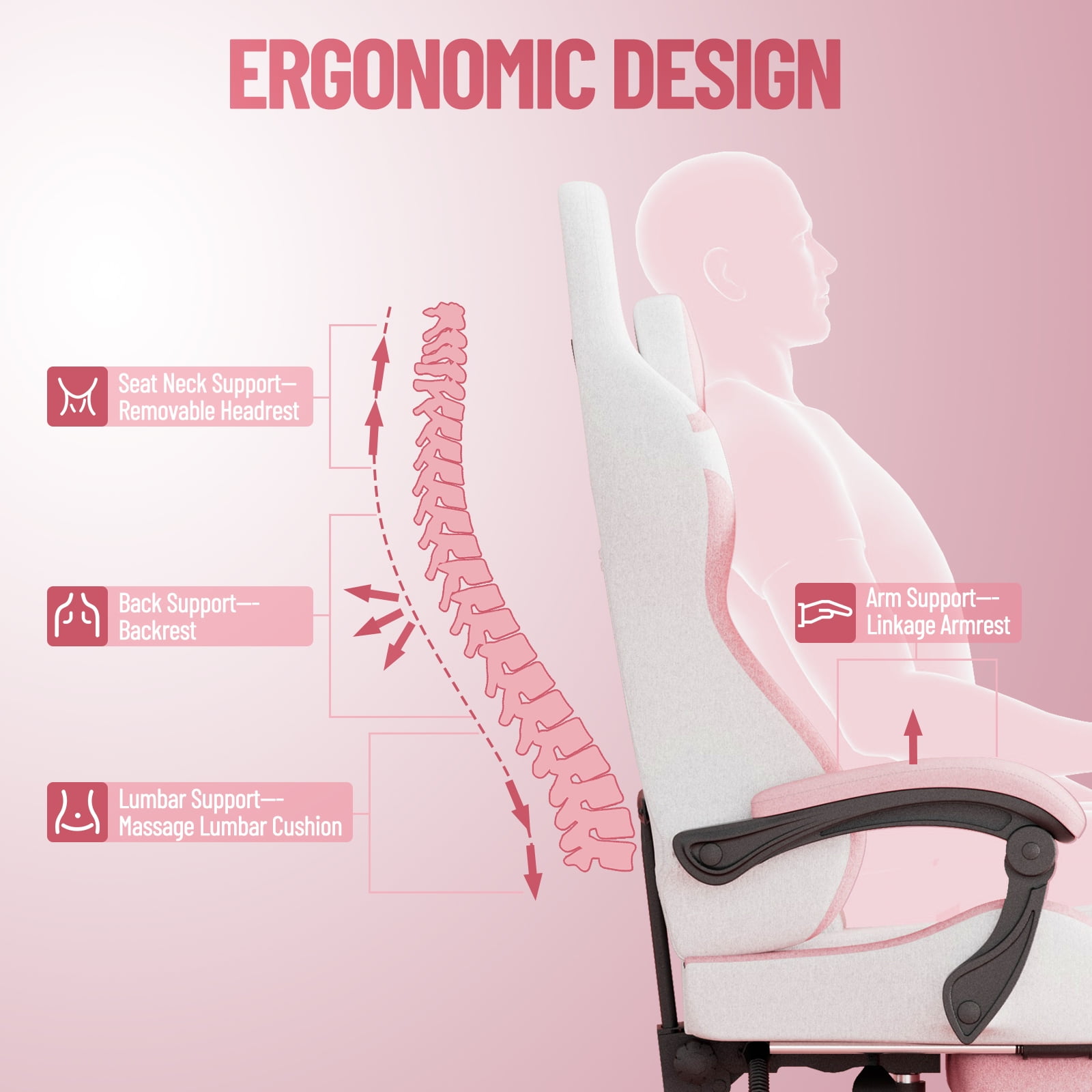 SOONTRANS Gaming Chair for Adults, Leather Office Chair with Footrest & Massage Lumbar Support, High Back Gamer Game Chairs, White/Pink
