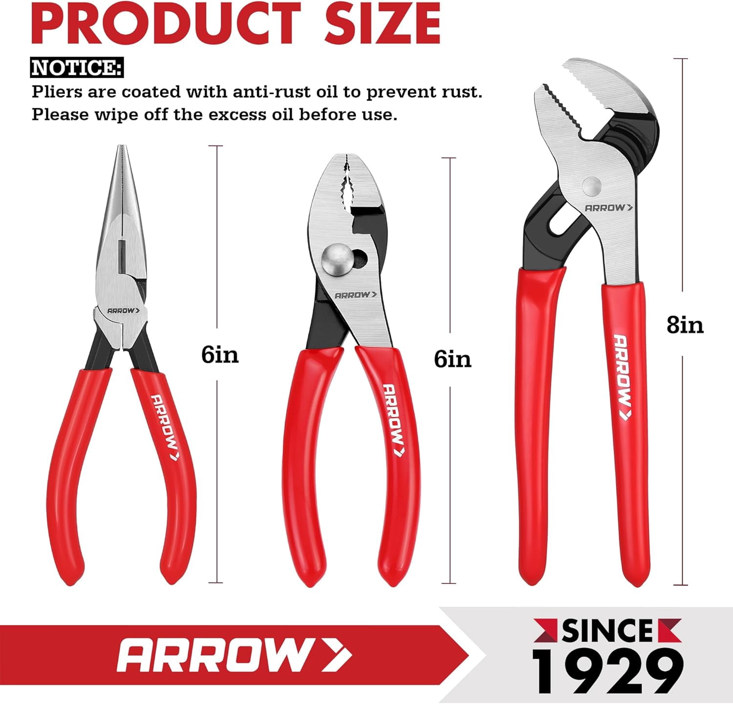 3PCS Set, 6" Needle Nose , 6" Slip Joint, 8" Groove Joint with Non-slip Handle, Premium Carbon Steel, for Daily Repair & Home Maintenance