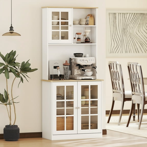 Knubmt 3 Glass Doors Kitchen Pantry Storage Cabinet with Countertop and Shelves, 72" Wood Coffee Bar Cabinet for Dining Room, Kitchen, White