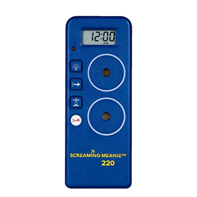 Screaming Meanie 220 Réveil et Minuterie Extrêmement Bruyants dans un Boîtier Bleu durable. Doté d'Un Affichage Numérique Affichant 12:00, Deux Grands Boutons Circulaires, et Trois Boutons de Fonctions Plus Petites pour Alarme, Minuterie et Alerte d'Urgence. Idéal comme Réveil de Voyage pour Grands Dormeurs, Alimenté par une Pile de 9 Volts.