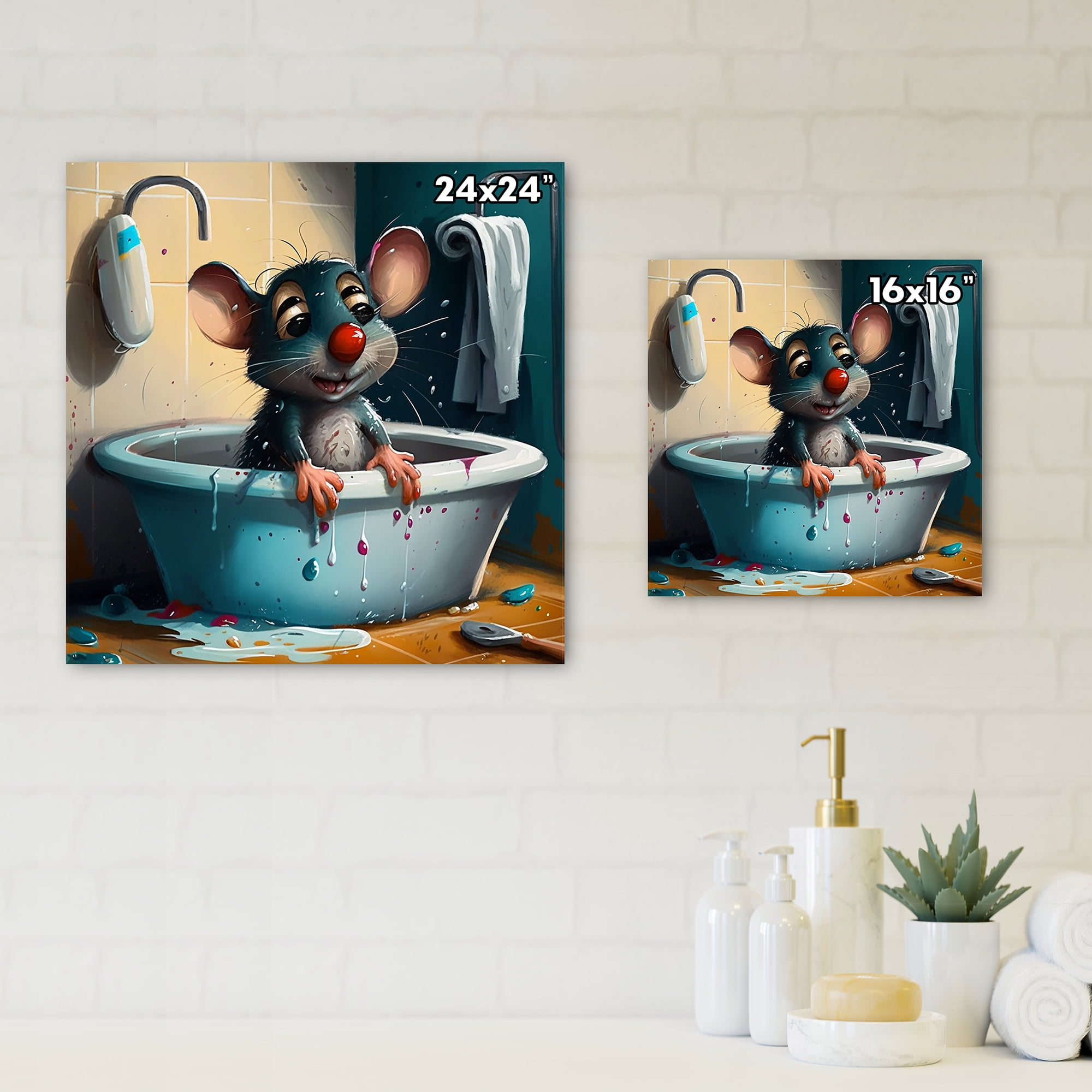 Designart Cute Mouse Taking A Bath Canvas Wall Art