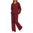 thumbnail image 6 of Xaqiouau Women's V-Neck Sweatshirt and Wide Leg Pants Set Loose Fit Long Sleeve Pullover Top High Waisted Drawstring Tracksuit Casual Lounge Wear 2 Piece Outfit Wine XXL, 6 of 9