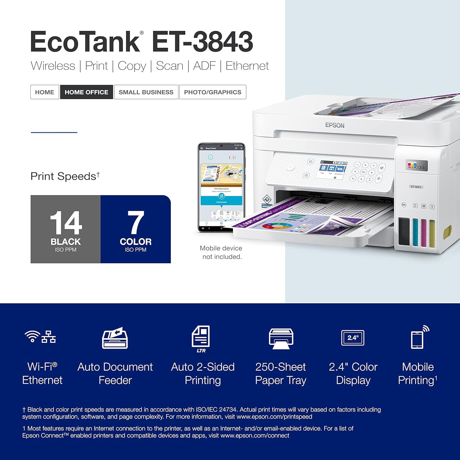 Epson EcoTank ET-3843 Wireless Color All-in-One Cartridge-Free Supertank Printer with Scanner, Copier, ADF and Ethernet-for The Ultimate Home Office, White (Sold without manufacturer warranty)