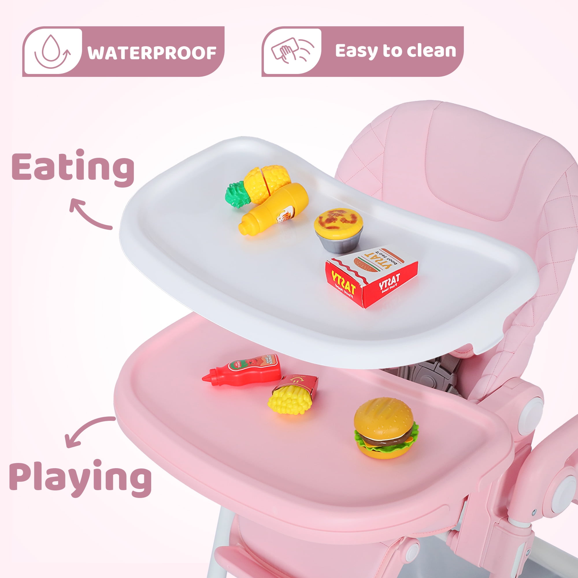 AILEEKISS Foldable Baby High Chair with Wheels, Adjustable Recline Toddler Eating Chair, Pink