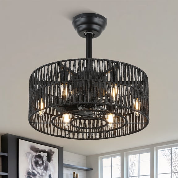 Bella Depot 18 Inches Woven Rope Drum Ceiling Fan with Light and Remote Control, 3-Speed Reversible Fan