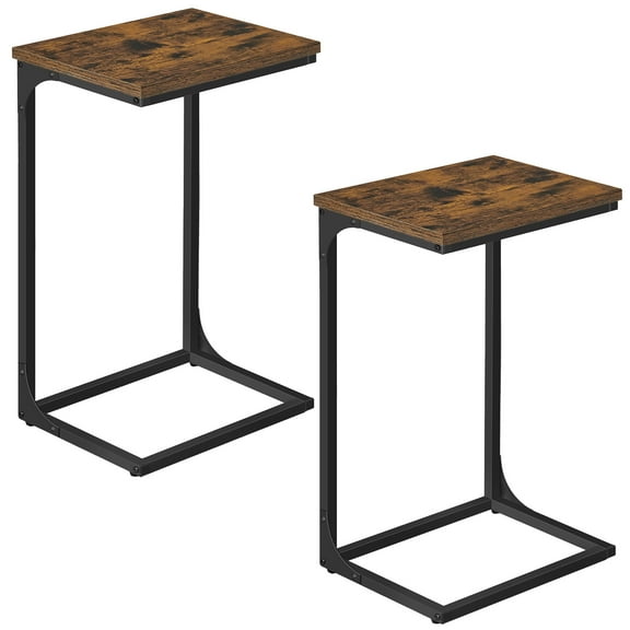Set of 2 C-Shaped End Tables, Side Table for Sofa with Adjustable Feet, Metal Frame for Living Room Bedroom, Rustic Brown & Black