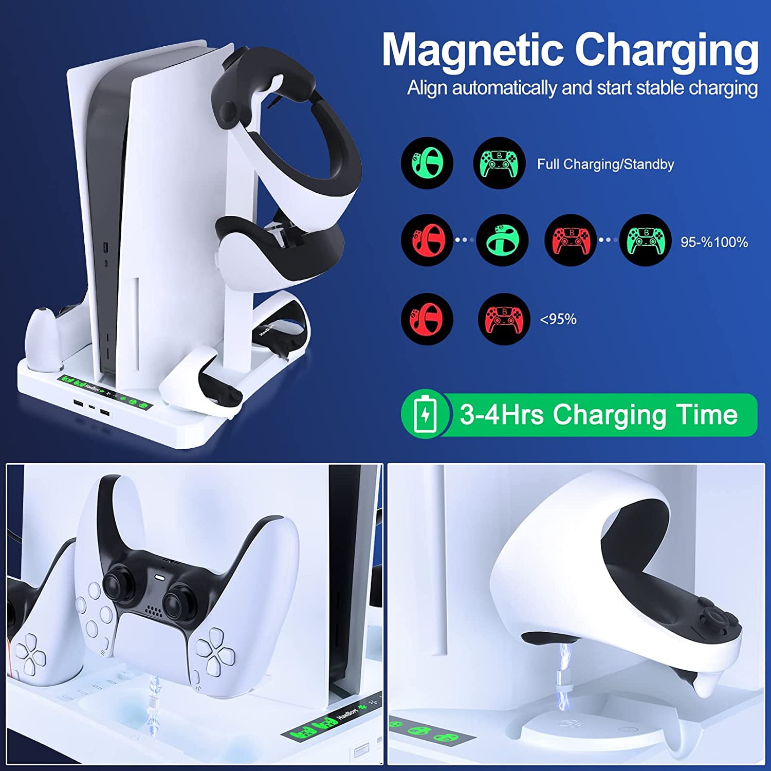 PS5 Accessories Cooling Station for PS5 Console, Charging Station for PS5 Controller & PSVR 2, [5 in 1] Stand with Cooling Fan and 5 Type-C Magnetic Charger, White