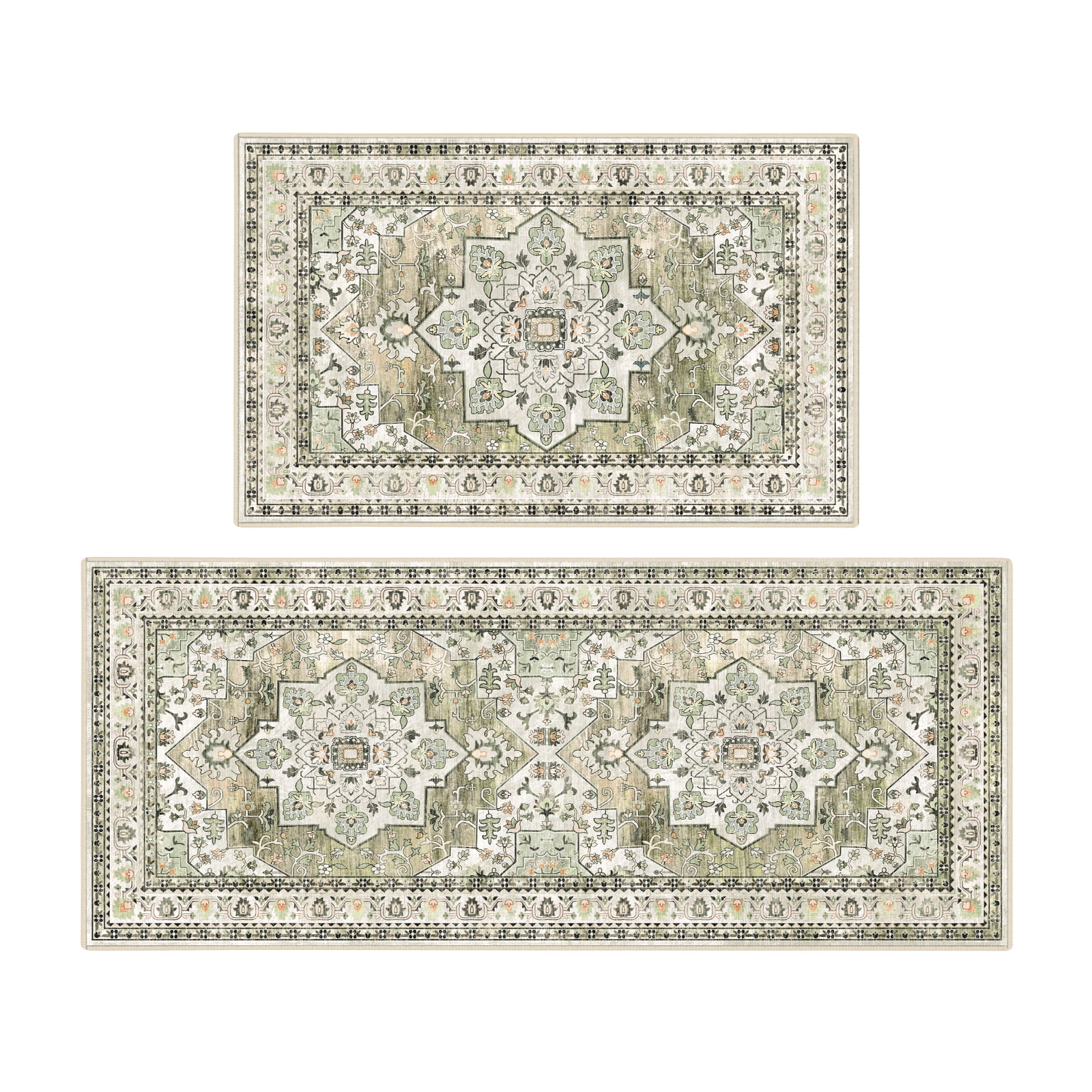 Findosom 2pcs Kitchen Rugs, Washable Boho Farmhouse Kitchen Mats for Floor, Non Slip Thick Indoor Kitchen Floor Mat Carpet Runner Rugs for Entryway Hallway Laundry Home Decor 20"x32"+20"x47" Green