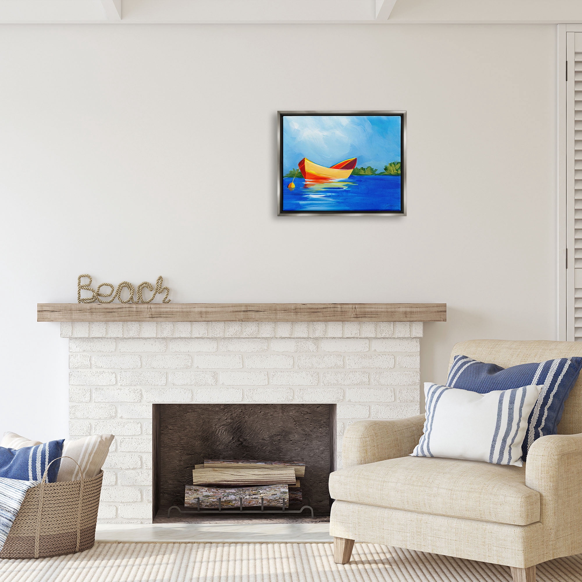 Stupell Industries Modern Boat on Lake Transportation Painting Gray Floater Framed Art Print Wall Art, 21 x 17