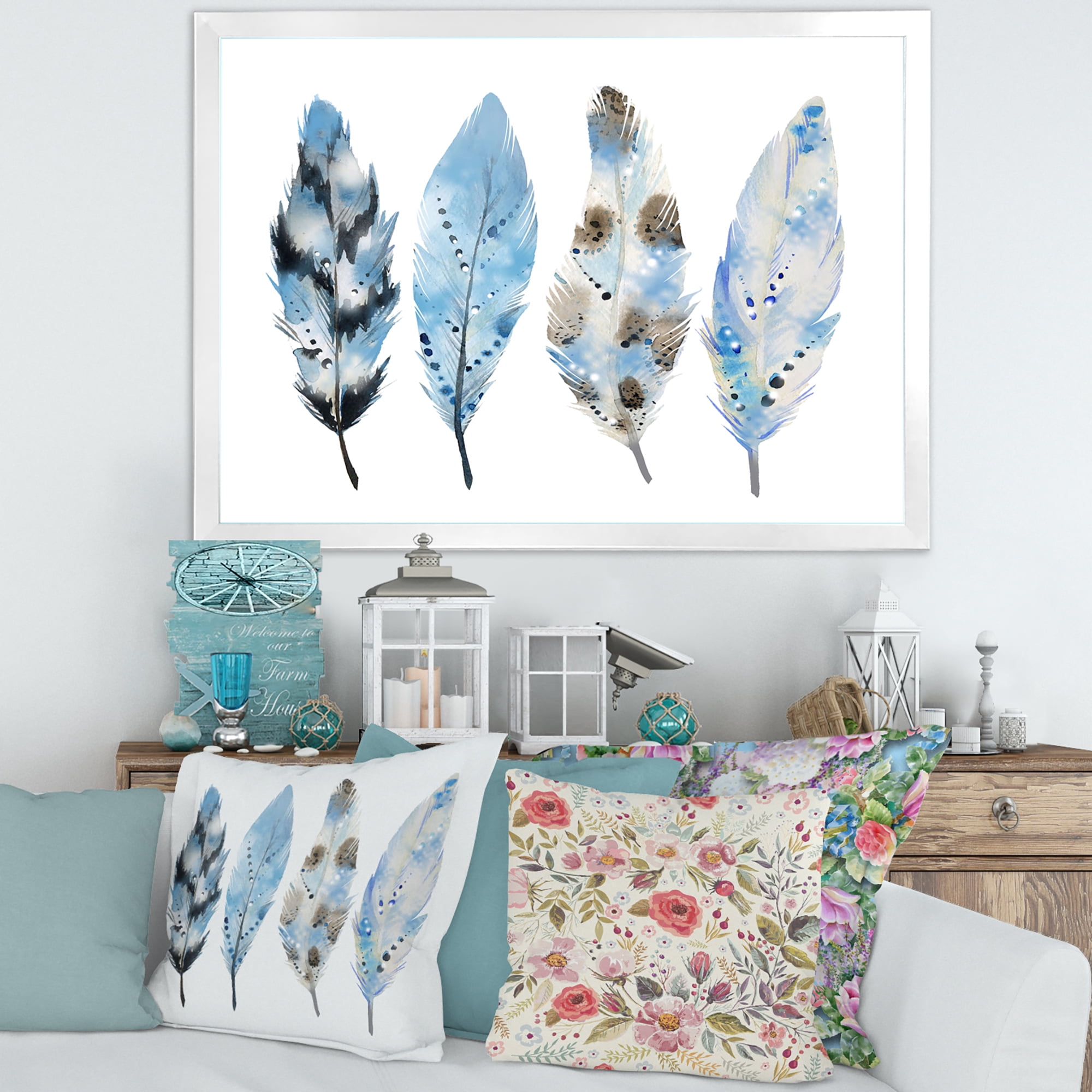 Designart 'Abstract Blue Boho Feathers I' Bohemian & Eclectic Framed Art Print