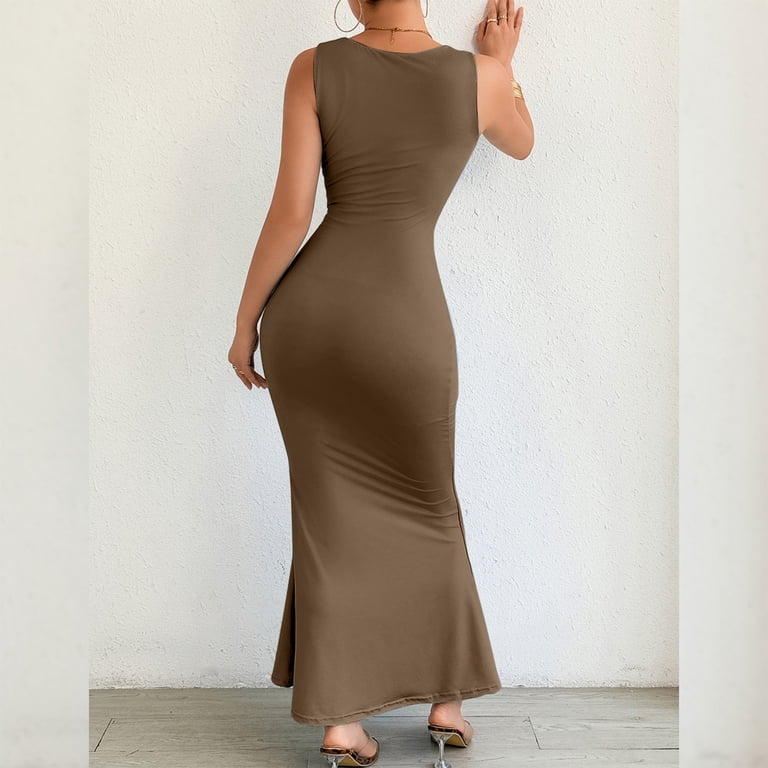 solid cut out maxi dress Frsasu Cut Out Maxi Dress for Women V Neck Sleeveless Long Dresses Slim Fashion Party Dress Lightweight Solid Dresses Brown, Women's, Size: XL, Bronze