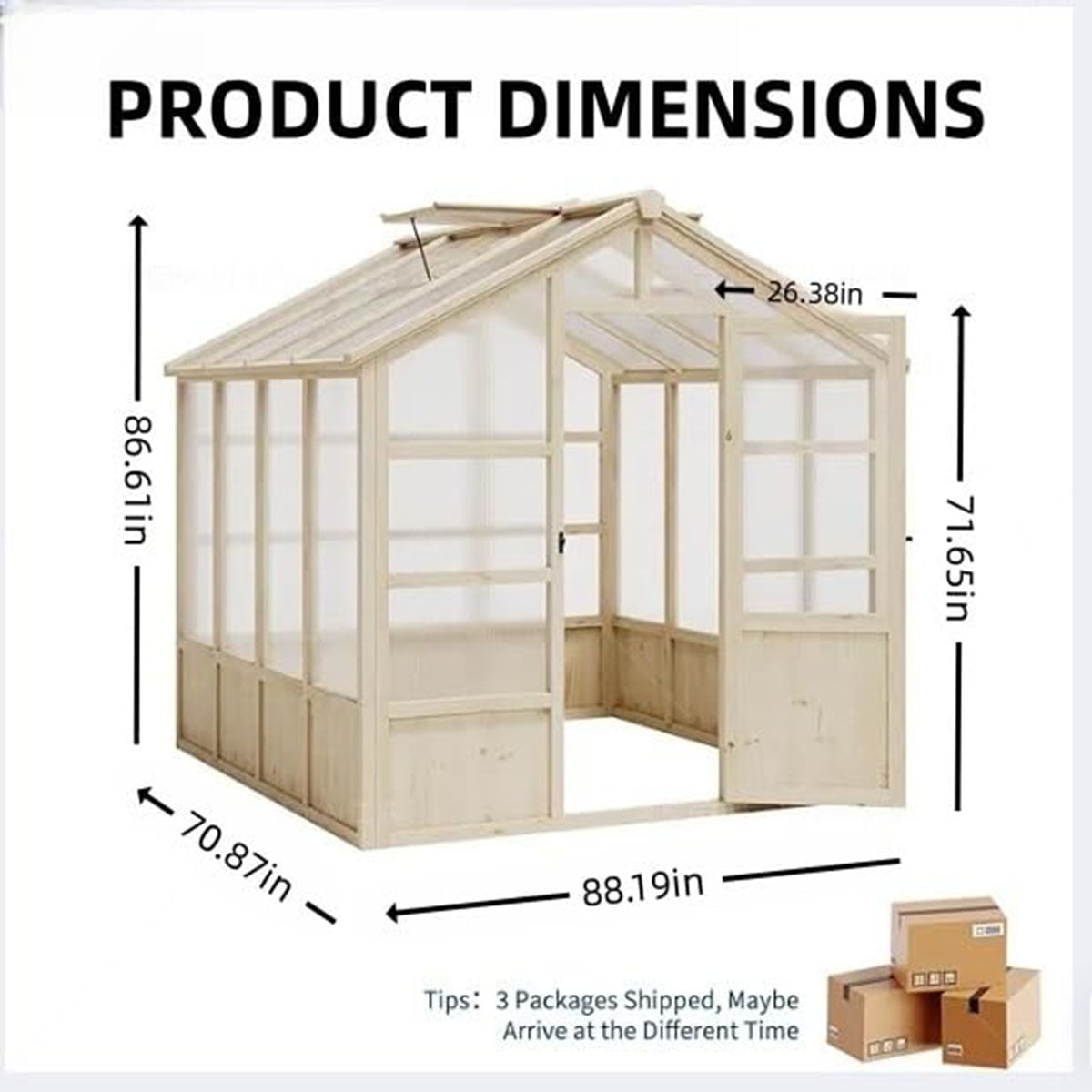Outdoor Greenhouse, 8x6FT Heavy Duty Wooden Greenhouse with Polycarbonate Panels & Lockable Door - Sturdy Wood Frame Garden Green House with Adjustable Roof Vent, for Yard, Gardening（ship in 3 boxes）